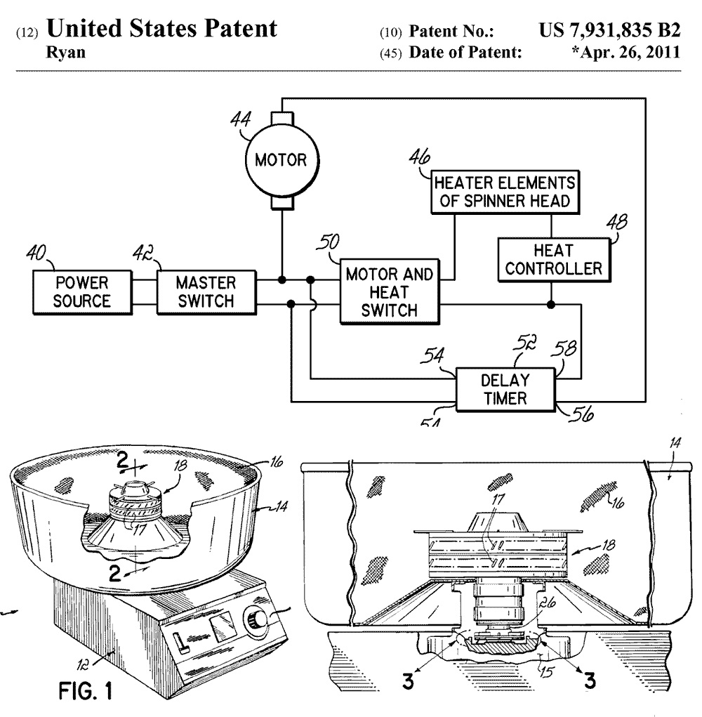Патент США № 7931835. Heater control for cotton candy spinner head