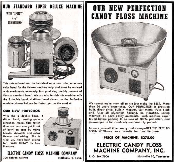 Продукция компании Electric Candy Floss Machine Company, Inc. 50-х годов 20-го века.