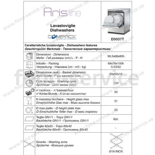 Машина посудомийна фронтальна COMPACK D 5037T (380В)